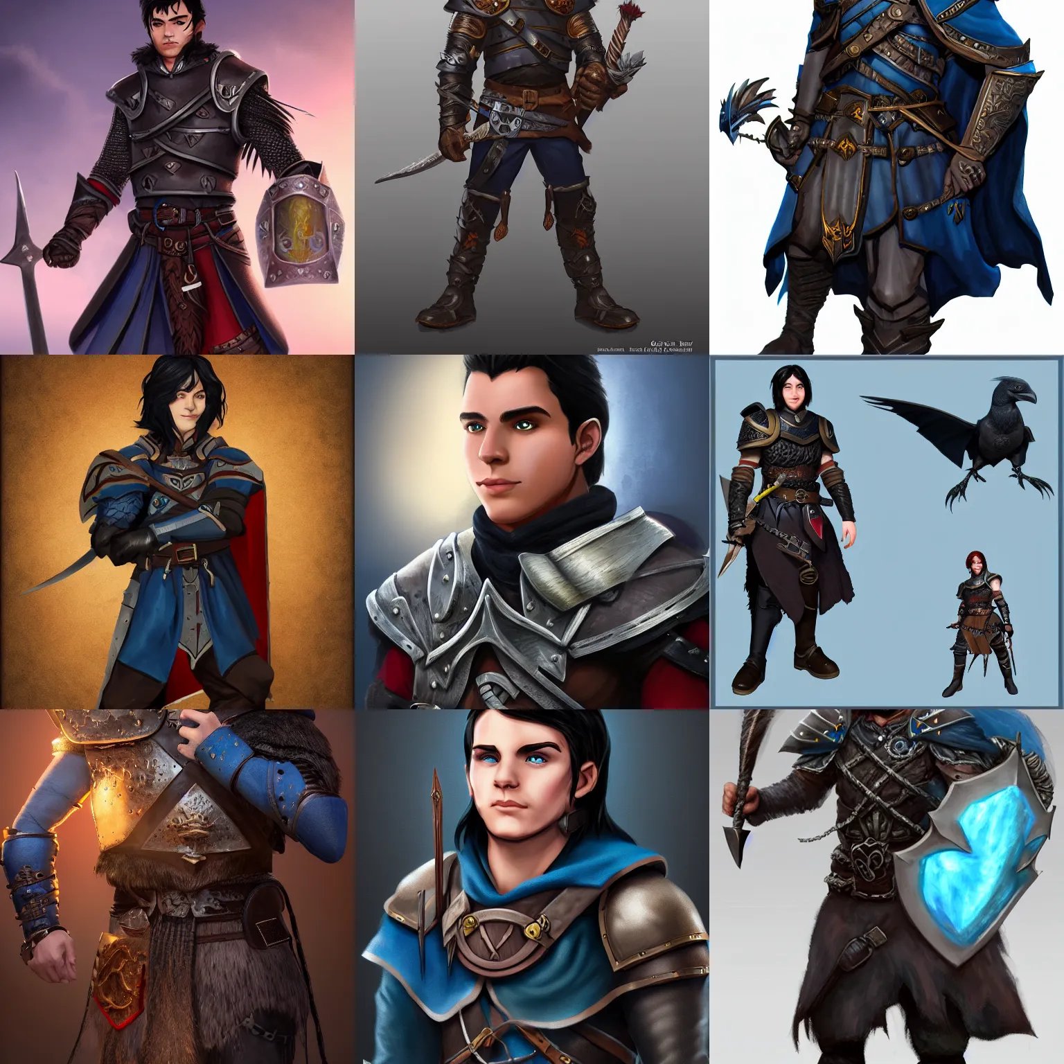 Prompt: A 'Dungeons and Dragons' young adventurer with raven-black hair, beardless, blue-eyed, medium build, wearing a light leather breastplate, beautiful, detailed, high quality, 4K, epic, trending on artstation and behance