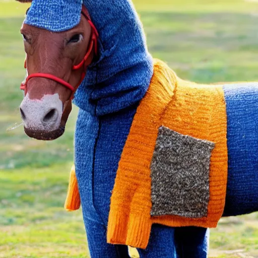 Image similar to Bojack Horseman in real life, A horse wearing a cardigan and jeans, photo