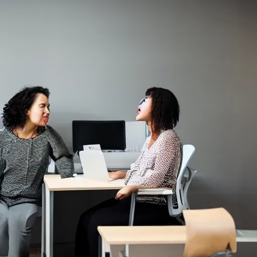 Prompt: two women talking in an office
