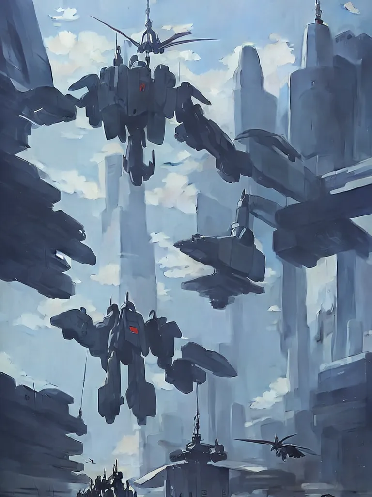 Image similar to Beautiful Epic scene of a beautiful gigantic Patlabor style mech being air lifted by futuristic helicopters above a futuristic Tokyo style military city, by Greg Rutkowski and Krenz Cushart and Pan_Ren_Wei and Hongkun_st and Bo Chen and Enze Fu and WLOP and Alex Chow, Madhouse Inc., anime style, crepuscular rays, set in rainy futuristic cyberpunk Tokyo street, dapped light, dark fantasy, cgsociety, trending on artstation