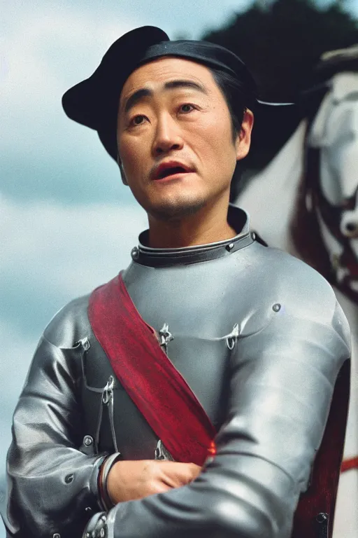 Prompt: Kodak portra 160, 8K, highly detailed, portrait: famous japanese actor in low budget joan of arc movie remake, epic scene