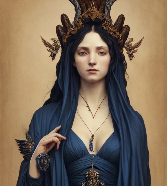 Prompt: god of death, in the underworld, elegant dark blue dress, very detailed, throne, very intricate details, jewelry, delicate tattoos, elaborate long hairstyle, wings, cinematic, artstation, william bouguereau, alphonse mucha, greg rutkowski, rossdraws, octane render