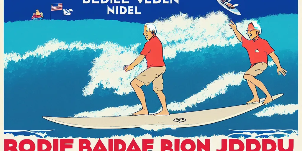 Prompt: joe biden surfing campaign poster, hawaii studio ghibli