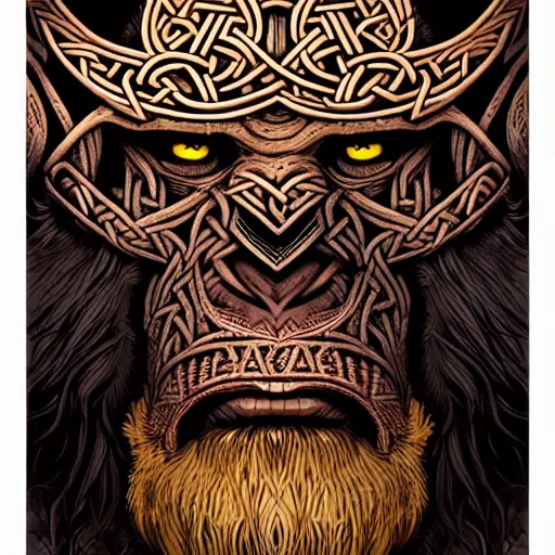 Prompt: barong family member, viking warrior, viking beard, king kong, wiwek, mara demon, one single tribe member, jungle, one single mask, dark, ancient warrior, tribal, inner glow, art by dan mumford and justin gerard