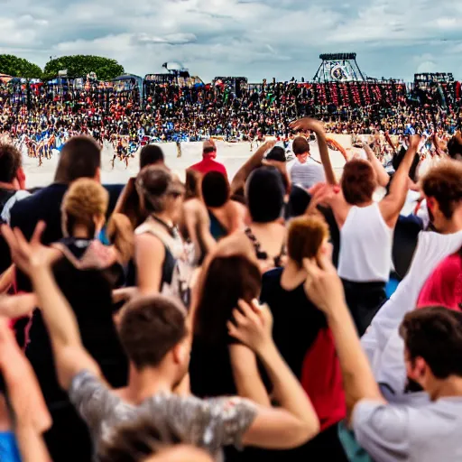 Image similar to photo of a group of people, focus on people dancing, jones beach amphitheater, focused and realistic picture