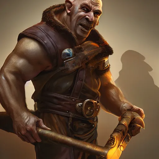 Image similar to portrait of a muscular, bald orc mechanic, wearing a heavy brown leather coat, wielding a wrench, DnD character, fantasy character, dramatic lighting, high detail, digital art by Ruan Jia