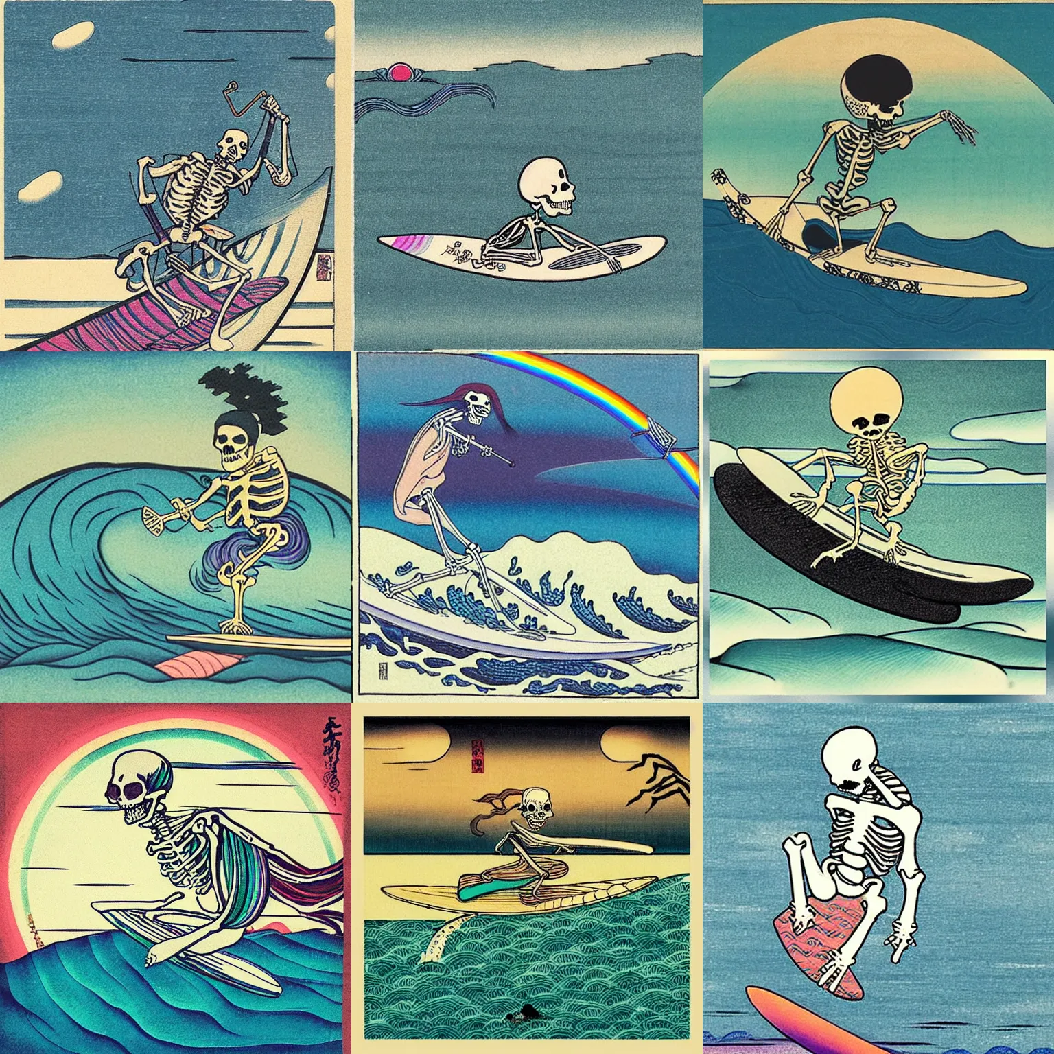 Prompt: “A skeleton riding a surfboard in rainbow waves, ukiyo-e”