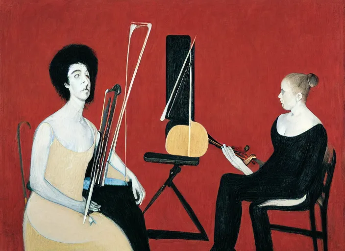 Prompt: portrait of two young nervous violin players sitting on chairs getting ready to perform, half figure front, vincent lefevre and pat steir and hilma af klint, psychological, photorealistic, symmetrical faces, intriguing eyes, dripping paint, washy brush, rendered in octane, altermodern, masterpiece