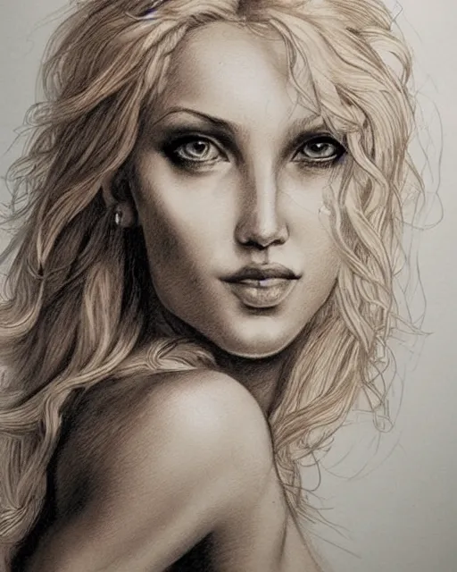 Image similar to tattoo sketch of beautiful greek goddess aphrodite, bow and arrow, beautiful piercing eyes, flowing blonde hair, realistic face, hyper realistic, in the style of greg rutkowski, fantasy, amazing detail, epic, intricate, elegant, smooth, sharp focus