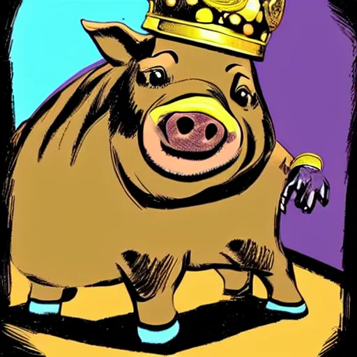 Image similar to comic book drawing of pig wearing a gold crown in the style of jack kirby