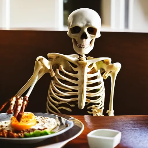 Prompt: skeleton eating breakfast