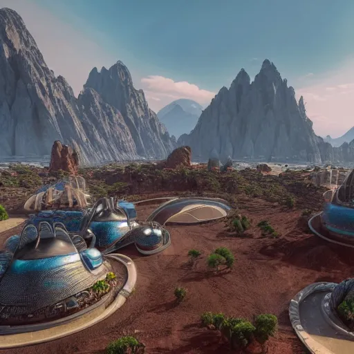 Prompt: alien architecture with curved buildings on alien planet with mountains and craters and lakes 4k detailed colorful magical realism unreal engine