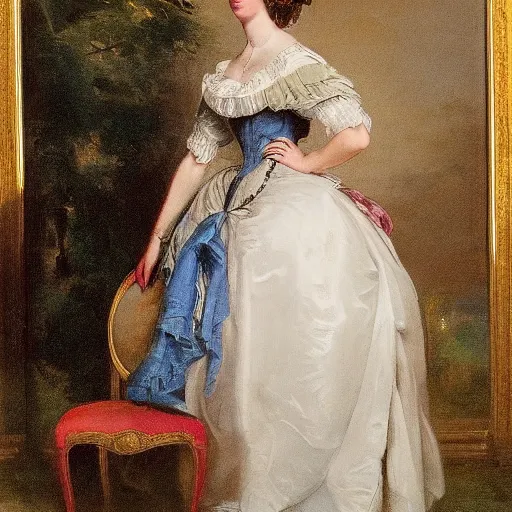 Image similar to full body portrait of a young german princess standing by a chair by Franz Xaver Winterhalter and Andreas Herman Hunæus painted in the 1900s, romanticism, vivid, fancy, beautiful, rococo, coherent
