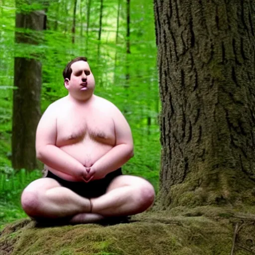 Image similar to chubby Michael Scott meditate in the Forest