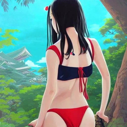 Image similar to a beautiful young japanese natalie portman alluring gravure model, stylized concept art, wearing elegant designer bomber jacket and one piece bikini, bomber jacket with mesoamerican patterns, mesoamerican native street fashion, princess mononoke, painted by ilya kuvshinov aesthetic, gorgeous, stunning, alluring, attractive, artstation, pinterest, digital art