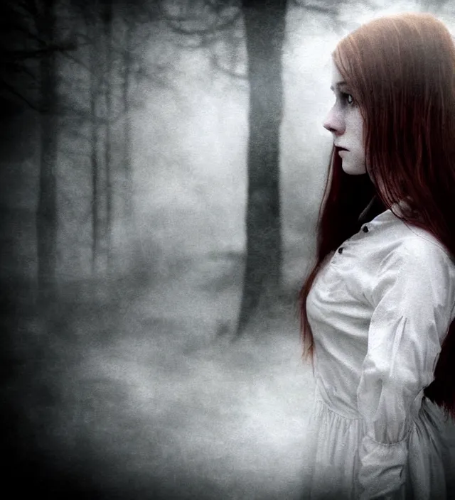 Prompt: eerie atmospheric photograph featuring the protagonist of a silent hill film, a uniqley attractive woman with dark & vibrant auburn hair, warm piercing blue eyes & pale complexion, thoughtfull contemplative expression on her face, in white dress, dramatic lighting, high contrast, delapadated civilization in background, style inspired by dalisacg of deviantart
