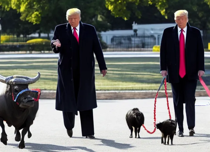 Prompt: a press photo of Donald trump walking his pet water buffalo on a leash outside the White House