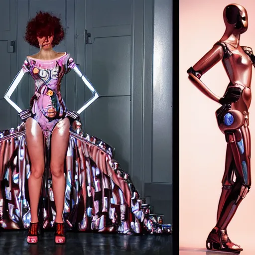 Prompt: A fashion model in Robotic dress with a print of a female body, in year 3000, highly detailed