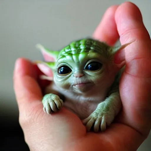Image similar to a tiny pigmy baby yoda-kitten hybrid in the palm of a person's hand, super cute