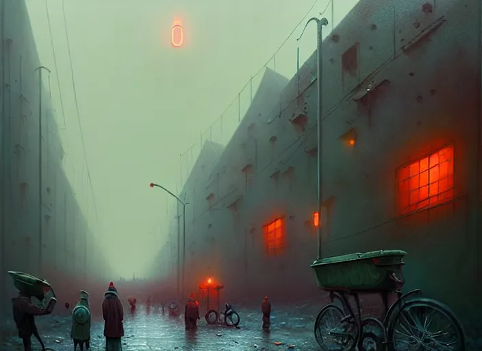 Prompt: waiting in line for cold soup by simon stalenhag and tom bagshaw marc simonetti and quint buchholz, slums, highly detailed, hyperrealism, dreary, cold, cloudy, grey, smog, high contrast, solarpunk