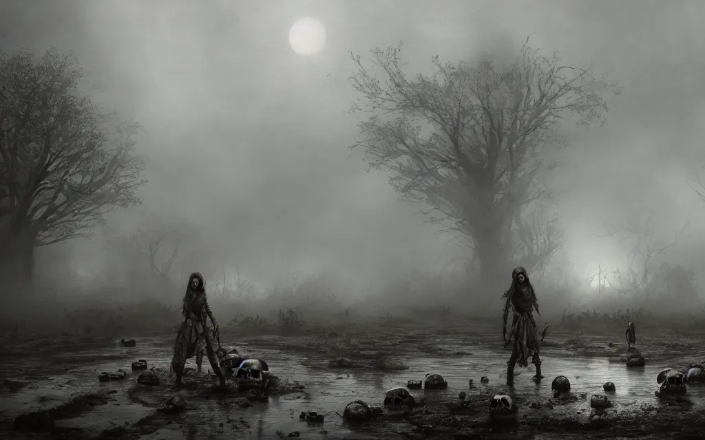 Prompt: stoneage shrouded in fog, gloomy sky, faint light behind the clouds, skulls on the ground, puddles of water, highly detailed, cinematic lighting, perfect composition, 4 k, gustave dore, derek zabrocki, greg rutkowski, belsinski, octane render, dark fantasy, artem demura