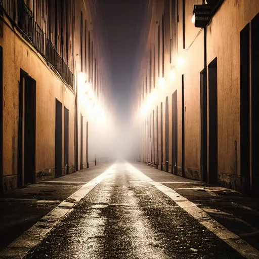 Prompt: empty abandoned city at night, multicolor street lights illuminate a foggy alley, fear