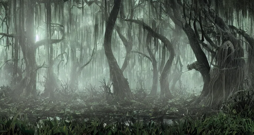 Image similar to A dense and dark enchanted forest with a swamp, from Kenshin