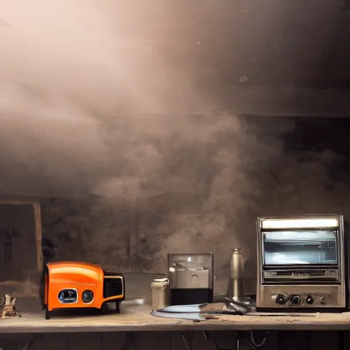 Image similar to toaster oven, dark messy smoke - filled cluttered workshop, dark, dramatic lighting, orange tint, cinematic, highly detailed, sci - fi, futuristic, movie still