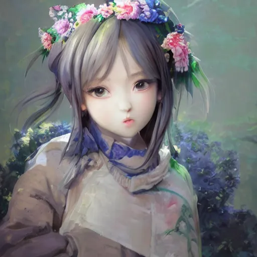 Image similar to dynamic composition, motion, ultra-detailed, incredibly detailed, a lot of details, amazing fine details and brush strokes, colorful and grayish palette, smooth, HD semirealistic anime CG concept art digital painting, watercolor oil painting of a young C-Pop idol girl, by a Chinese artist at ArtStation, by Huang Guangjian, Fenghua Zhong, Ruan Jia, Xin Jin and Wei Chang. Realistic artwork of a Chinese videogame, gradients, gentle an harmonic grayish colors.