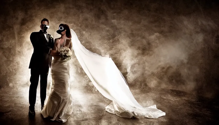 Image similar to disturbing big budget hollywood movie bride and groom wearing gas masks at the marriage of reason and squalor perfect composition dramatic lighting chiaroscuro