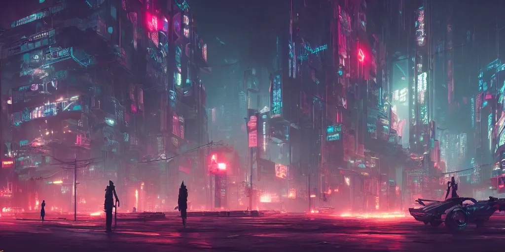 Image similar to matte painting environment design of dystopian cyberpunk city with neon lights, people on the streets being monitored by drones, trending on artstation, painted by dreadjim, eddie mendoza, james paick, zeen chin, 4k, octane render