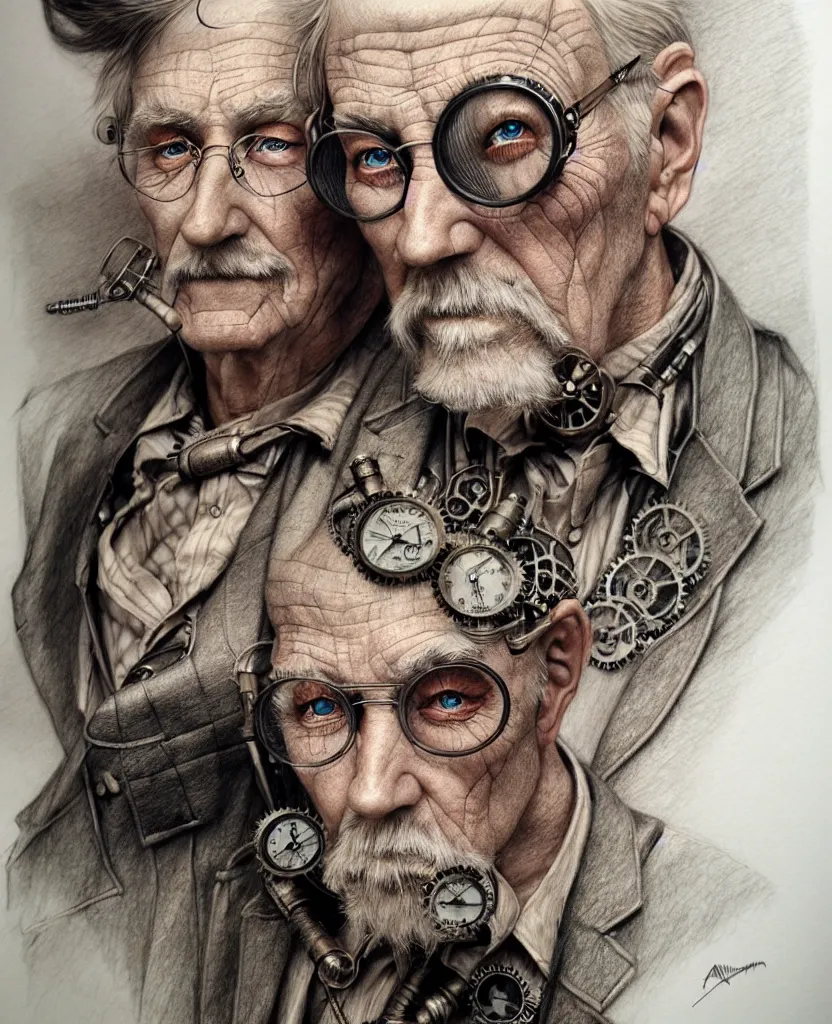 Image similar to hyper realistic full figure pencil drawing of an older man steampunk, water color, detailed, rim light, diffused, intricate, by anna dittmann,