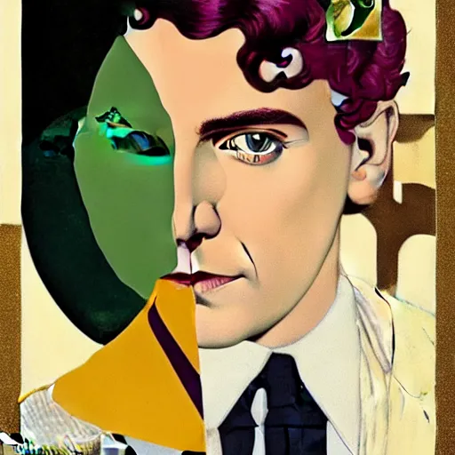 Prompt: Young Spanish man is Super Spy Captain, the Electric Boy, Art by Coles Phillips and Joshua Middleton, socks, Rene Magritte, succulent plants Chalk white skin, deep purple hair, Green eyes, Orange background, Mucha, Portrait of the man, surreal, ,carbon black and antique gold