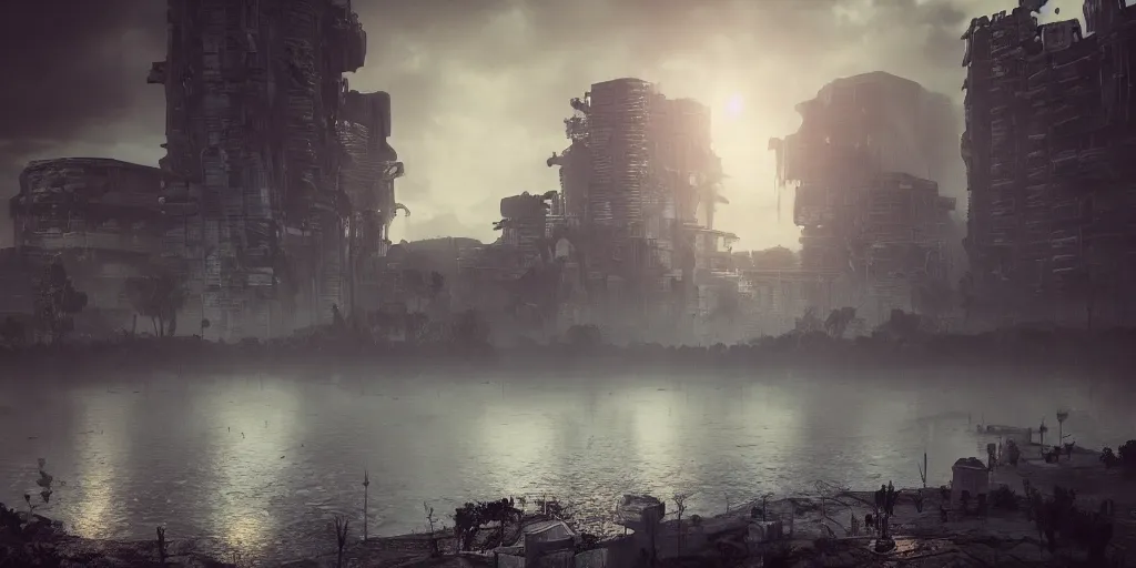 Image similar to concrete skull, surrounded by post apocalyptic city, ponds of water, stunning volumetric lighting, sundown, stunning skies, trending on Artstation, 8k, photorealistic, hyper detailed, unreal engine 5, IMAX quality, cinematic, epic lighting, cryengine, octane render, gloomy, foggy, dark