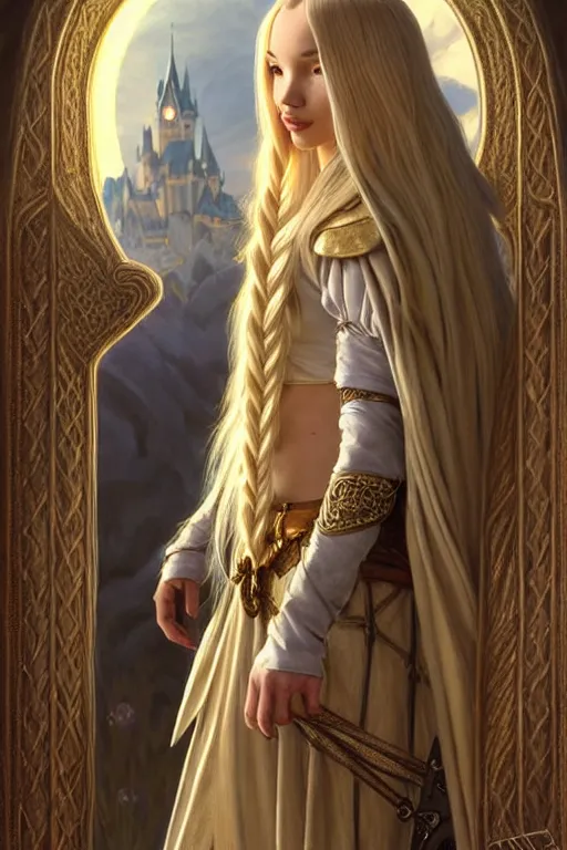 Prompt: beautiful cottagecore mage blonde braided hair dove cameron sealing a portal gate, heavy cloak, gold accents, leather jerkin, castle town, fantasy character portrait, ultra realistic, intricate, elegant, highly detailed, digital painting, artstaion, smooth, sharp, focus, illustration, art by artgerm and greg rutkowski and alphonse mucha