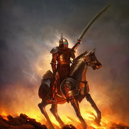 Prompt: knight with armor lightnings fire elemental hyperrealism, cavalry wielding a greatsword of fire with electricity elemental, standing in frontal of a castle, castle realistic, big forest world fantasy hyperrealism, sky northern lights, hyperrealism by greg rutkowski