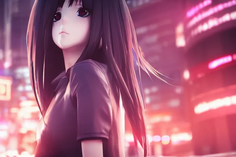 Prompt: professional close-up photo of an anime girl with long hair on the busy streets of a dystopian futuristic city with pedestrians, 4k, octane render, Unreal Engine