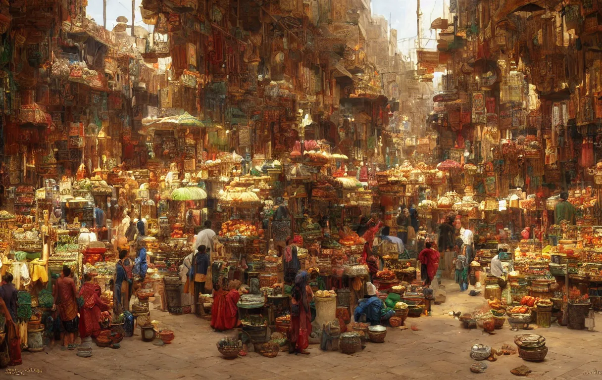 Image similar to a busy market interior in a fantasy Cairo city, by Jean lean Gerome, orientalism, trending on artstation