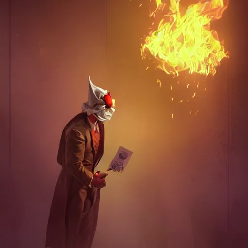 Image similar to epic portrait a clown masked man in a suit burning stack of cash, glowing, steam digital painting, artstation, concept art, soft light, hdri, smooth, sharp focus, illustration, fantasy, intricate, elegant, highly detailed, D&D, matte painting, in the style of Greg Rutkowski and Alphonse Mucha and artemisia, 8k, highly detailed, jurgens, rutkowski, bouguereau, pastoral, rustic, georgic