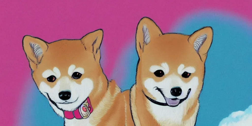 Image similar to a portrait of a shiba inu, in the art style of 8 0 s anime, japanese city pop color palette, naoko takeuchi, hajime yatate