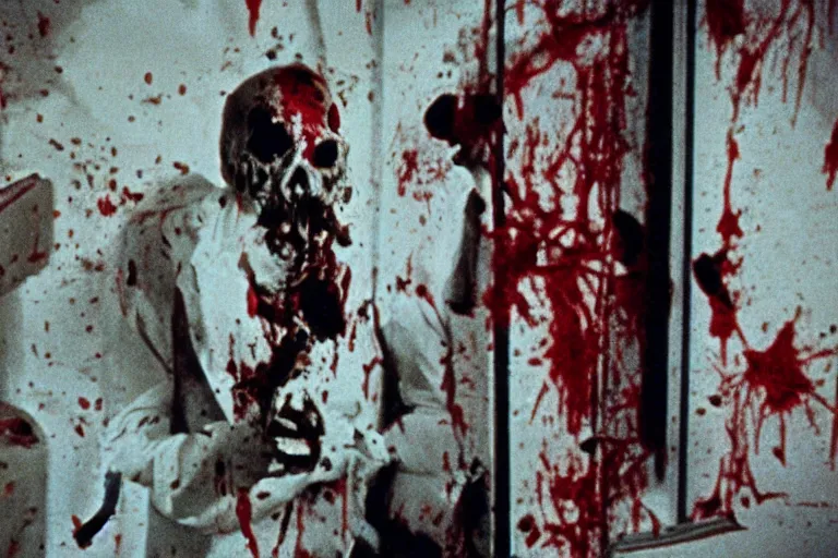 Image similar to filmic wide shot angle movie still 35mm film color photograph of a decapitated doctor with blood spewing from his neck and splattered blood all over the walls in a science lab in the style of a 1982 horror film