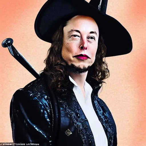 Prompt: full body photo of elon musk in the shape of a musketeer, he has a big black hat and holds a shiny sword