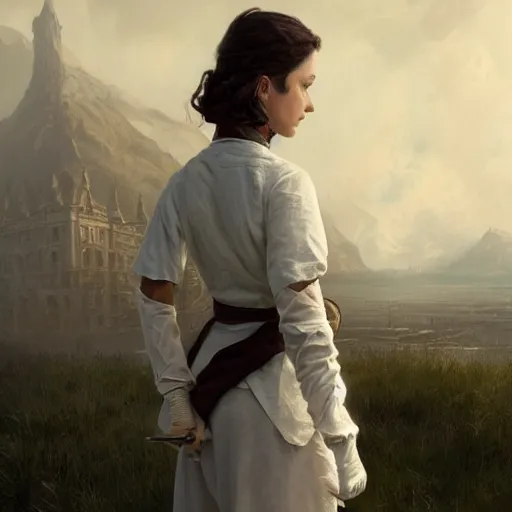 Image similar to a woman wearing a whiteblouse with a lether vest and some gloves, Matte painting , detailed painting, greg rutkowski