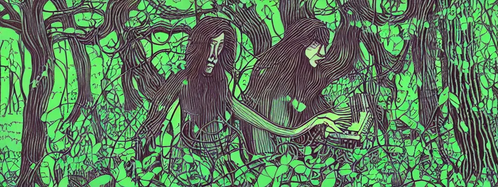 Prompt: a grunge technogaianist long-haired blonde digital musician playing modular synthesizer in the forest, technology and nature swirling in harmony, plugging vines into the synthesizer, trees swaying to the beat, postmodern surrealist concert poster, grainy, hand drawn matte painting by Tara McPherson and Gary Houston, smooth, sharp focus, extremely detailed, 50mm.