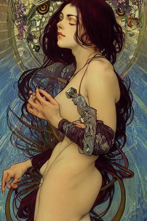 Prompt: mikasa Ackerman, sensual woman, realistic detailed face portrait of Madonna by Alphonse Mucha, Ayami Kojima, Amano, Charlie Bowater, Karol Bak, Greg Hildebrandt, Jean Delville, and Mark Brooks, Art Nouveau, Neo-Gothic, gothic, rich deep moody colors, full body portrait