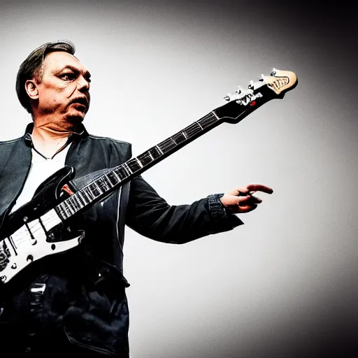 Image similar to metal viktor orban with a flying v guitar, concert photography