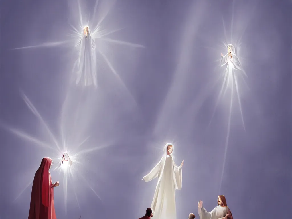 Image similar to the annunciation with mary on the left and archangel on the right, with a beam of light coming down from the top right towards mary on the left, by goro fujita, trending on artstation, 8k, highly detailed, digital graphic art