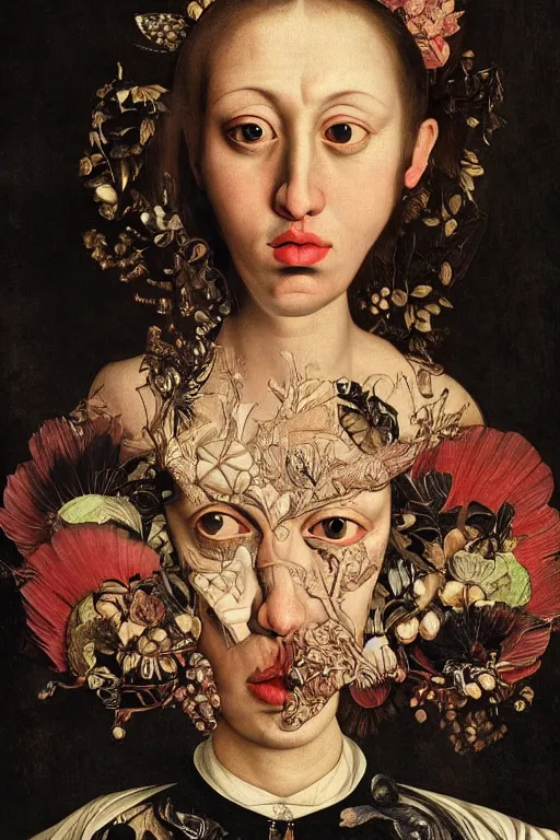 Prompt: Detailed maximalist portrait with large lips and with large eyes. HD mixed media, 3D collage, highly detailed and intricate illustration in the style of Caravaggio, dark art, baroque