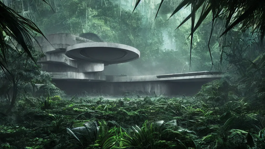 Prompt: abandoned brutalist alien space station in lush jungle, close up, maciej rebisz, digital painting, xf iq 4, f / 1. 4, iso 2 0 0, 1 / 1 6 0 s, 8 k, raw, featured in artstation, octane render, cinematic, elegant, intricate, 8 k