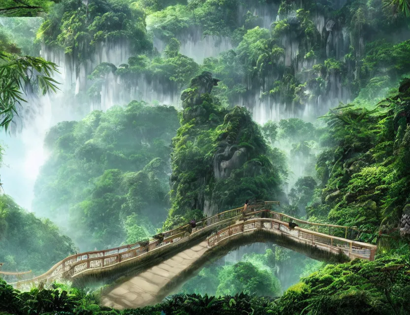 Prompt: a cinematic widescreen photo of ancient japanese cloud temples, a winding path across a bridge, a terraced mountain in a misty bamboo cloud forest with colossal waterfalls at dawn by studio ghibli and roger dean, terraced, mystical, gardens by the bay